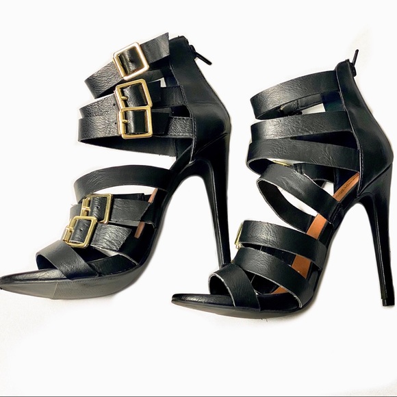 Multiple Straps Stiletto Heel Black Sandals Size 8 - Picture 9 of 12